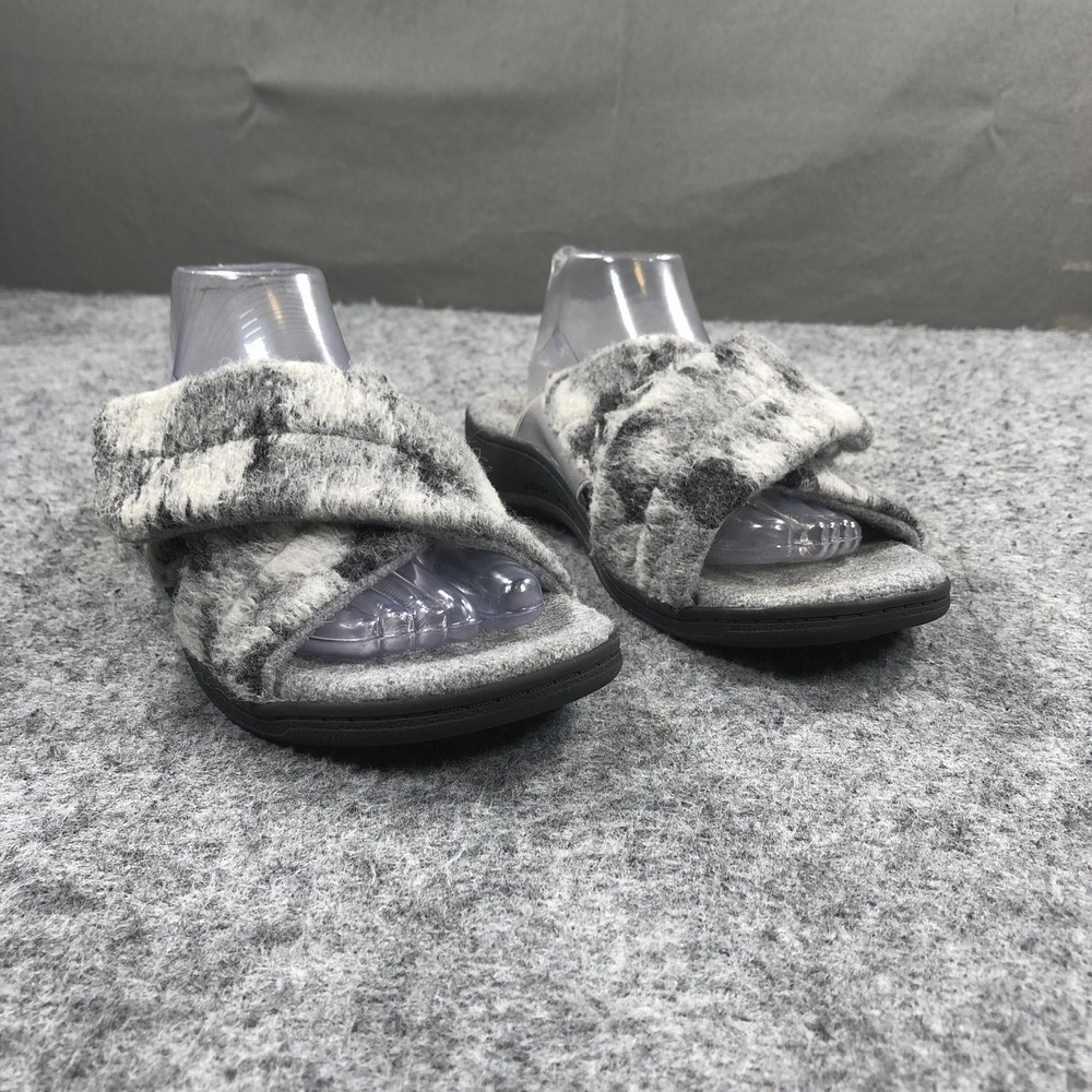 Vionic Relax II Slippers Womens 9 Gray Fleece Hook Loop Slide Comfort House Shoe